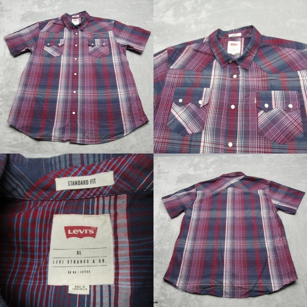 Levis Pearl Snap Shirt Men XL Red Madras Plaid Standard Short Sleeve Button Up